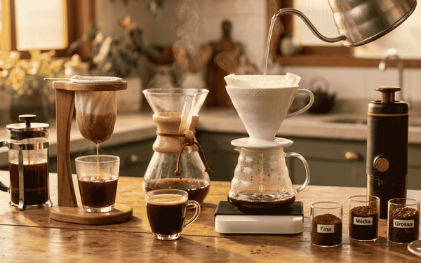 Imagem com diferentes métodos de preparo de café, como Koar, prensa francesa, coador de pano e mais.
